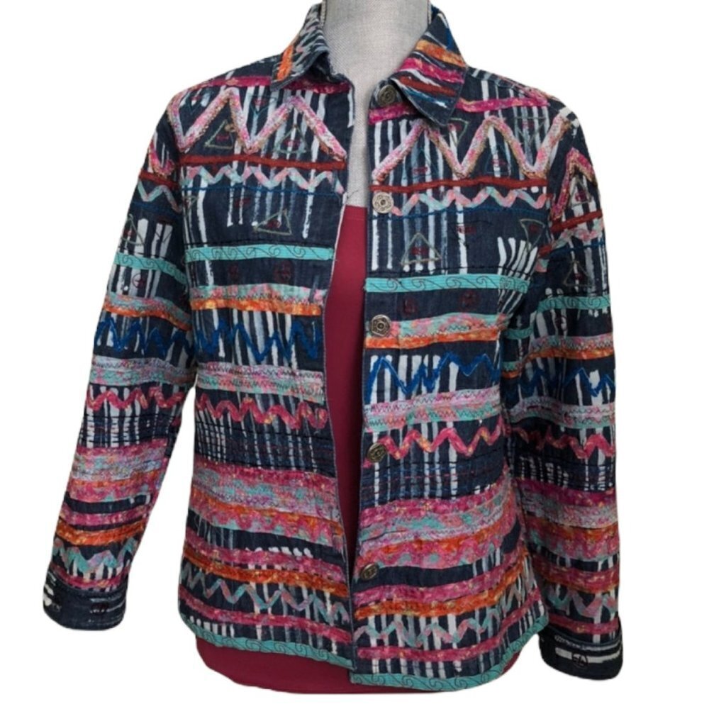 CHICO’S “SCRAP ART FABRIC” JEAN JACKET